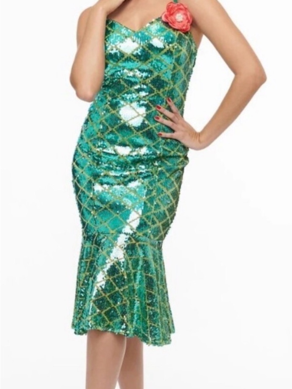 Unique Vintage Teal Sequin Mermaid Midi Dress with Coral Flower - Picture 1 of 5